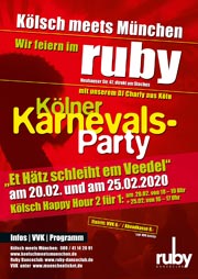 Kölner Karnevals Party 2020 im ruby Danceclub am Münchner Stachus: Kölsch meets München am 20.02. und 25.02.2020